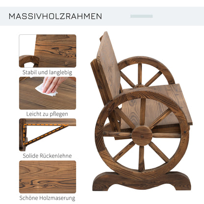 2-Seater Solid Wood Garden Bench with Armrest, Bench with Wagon Wheel Design, Garden Furniture 250kg Capacity, Rustic Bench, 114 x 58 x 80 cm, Brown