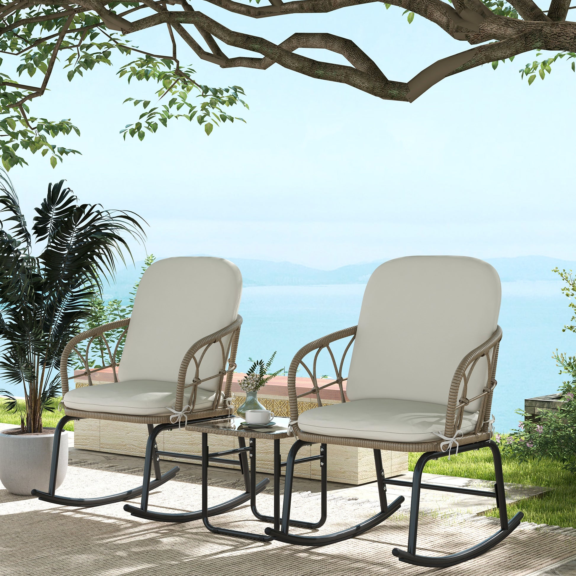 3-piece Rattan Swing Chair Set, Garden Furniture Set with 2 Swing Chairs, 1 Coffee Table, Garden Seating Group with Cushions, for Balcony, Patio, Cream