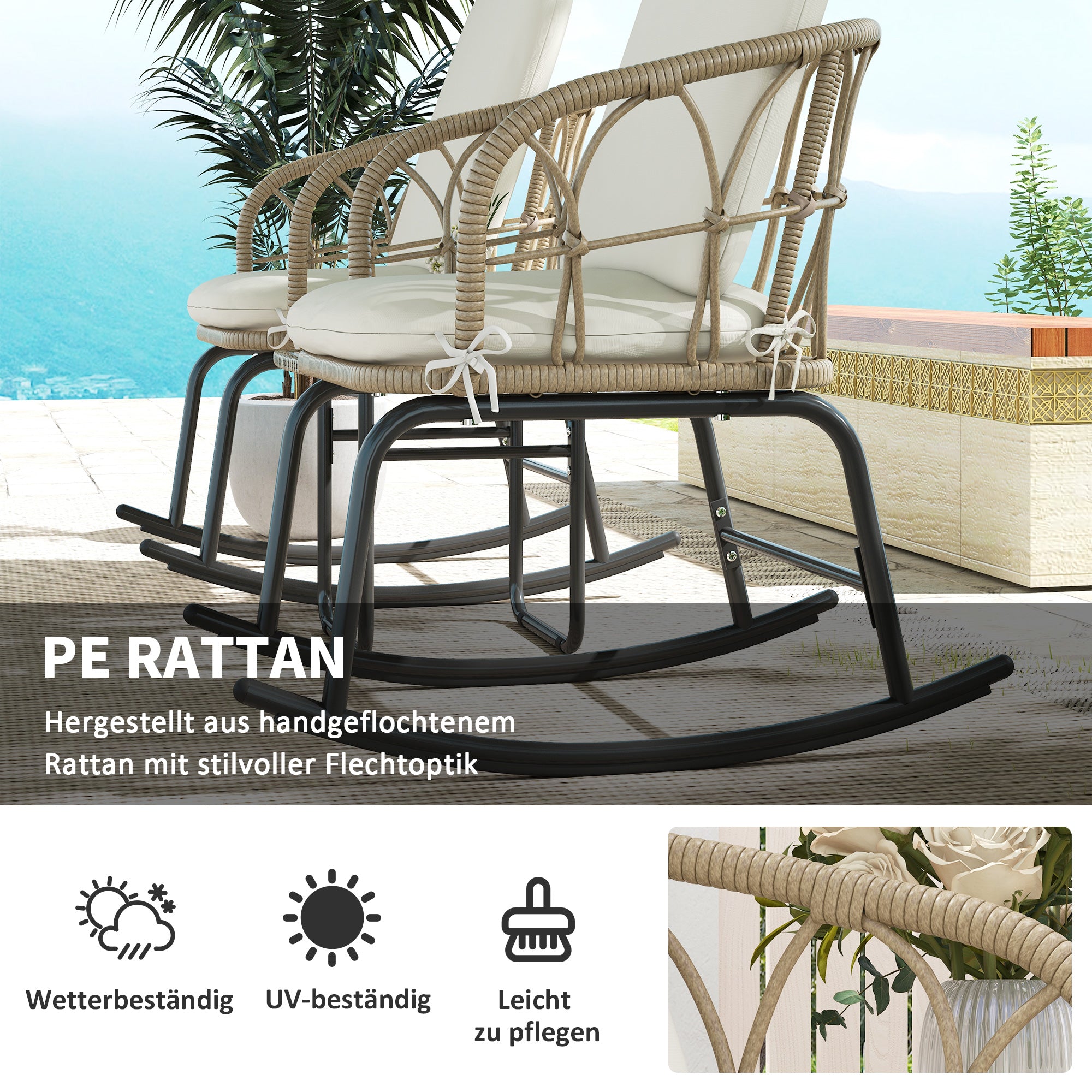 3-piece Rattan Swing Chair Set, Garden Furniture Set with 2 Swing Chairs, 1 Coffee Table, Garden Seating Group with Cushions, for Balcony, Patio, Cream