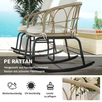 3-piece Rattan Swing Chair Set, Garden Furniture Set with 2 Swing Chairs, 1 Coffee Table, Garden Seating Group with Cushions, for Balcony, Patio, Cream