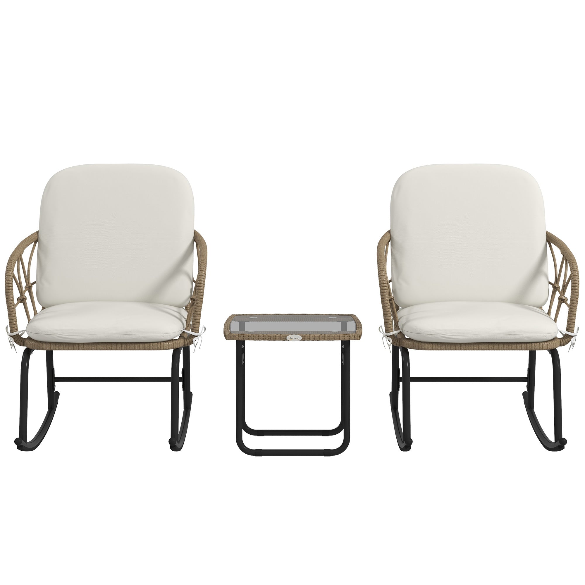 3-piece Rattan Swing Chair Set, Garden Furniture Set with 2 Swing Chairs, 1 Coffee Table, Garden Seating Group with Cushions, for Balcony, Patio, Cream