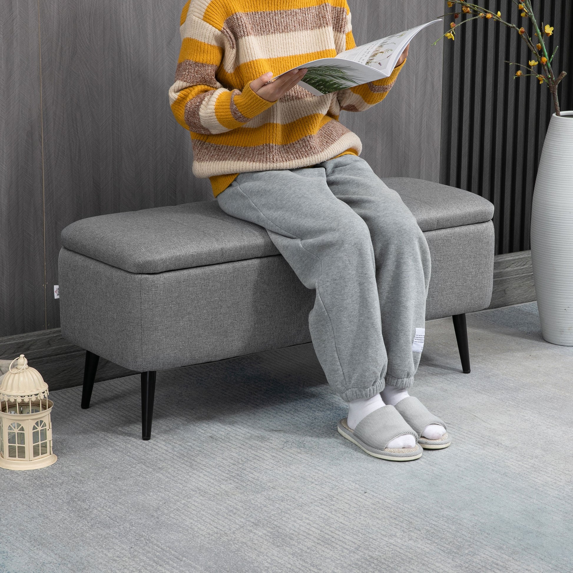 Storage Bench with Upholstered Seat, Ottoman with Steel Legs, Storage Chest for Living Room Bedroom Hallway 102 x 40 x 44 cm, Gray
