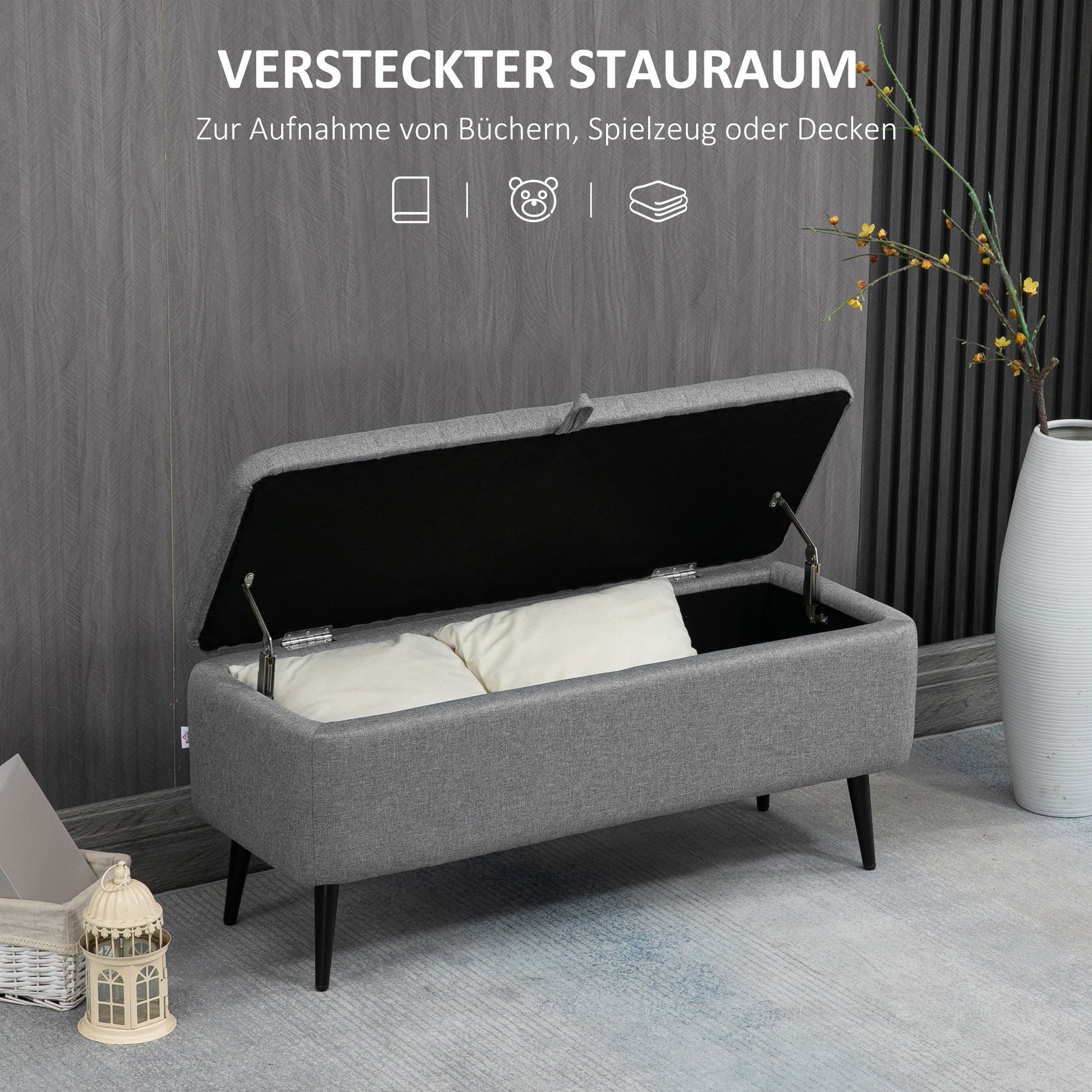 Storage Bench with Upholstered Seat, Ottoman with Steel Legs, Storage Chest for Living Room Bedroom Hallway 102 x 40 x 44 cm, Gray