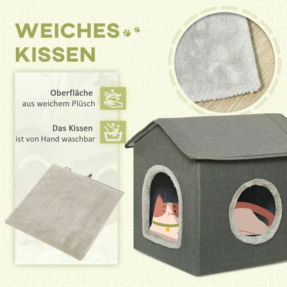 Cat Cave, Cat House with Cushion, Scratching Board, Two Doors, XXL Cat Hut Dog House Dog Cave, Cat Bed for Cats up to 5 kg, Gray, 39 x 43.5 x 40.5 cm