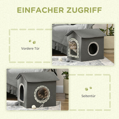 Cat Cave, Cat House with Cushion, Scratching Board, Two Doors, XXL Cat Hut Dog House Dog Cave, Cat Bed for Cats up to 5 kg, Gray, 39 x 43.5 x 40.5 cm