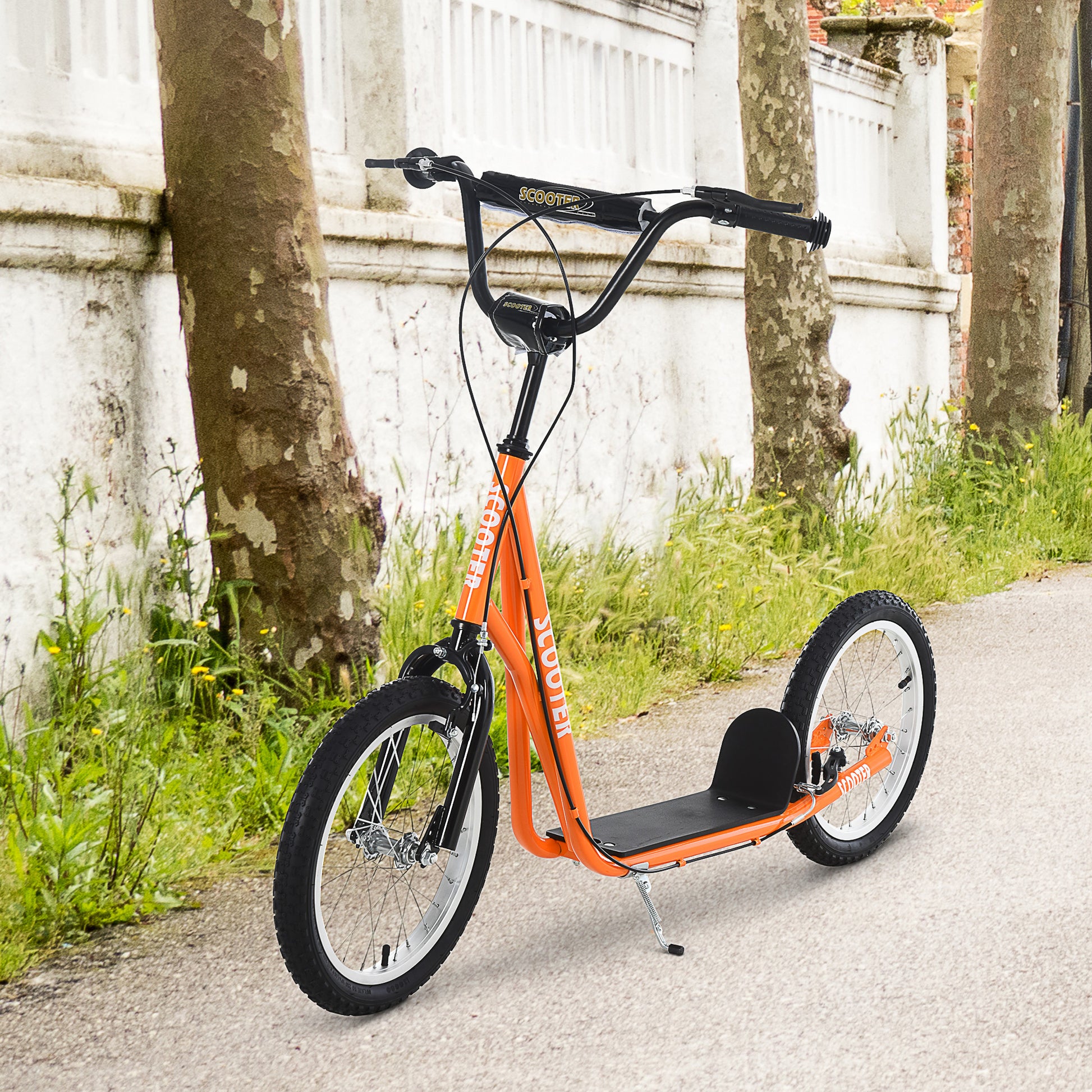 Kids Scooter for +5 Years and Adolescents with Adjustable Height Handlebar 2 Inflatable Rubber Tires with Dual Brake Wheels 16" Load 100 kg 139x58x90-96 cm Orange