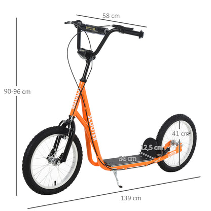 Kids Scooter for +5 Years and Adolescents with Adjustable Height Handlebar 2 Inflatable Rubber Tires with Dual Brake Wheels 16" Load 100 kg 139x58x90-96 cm Orange