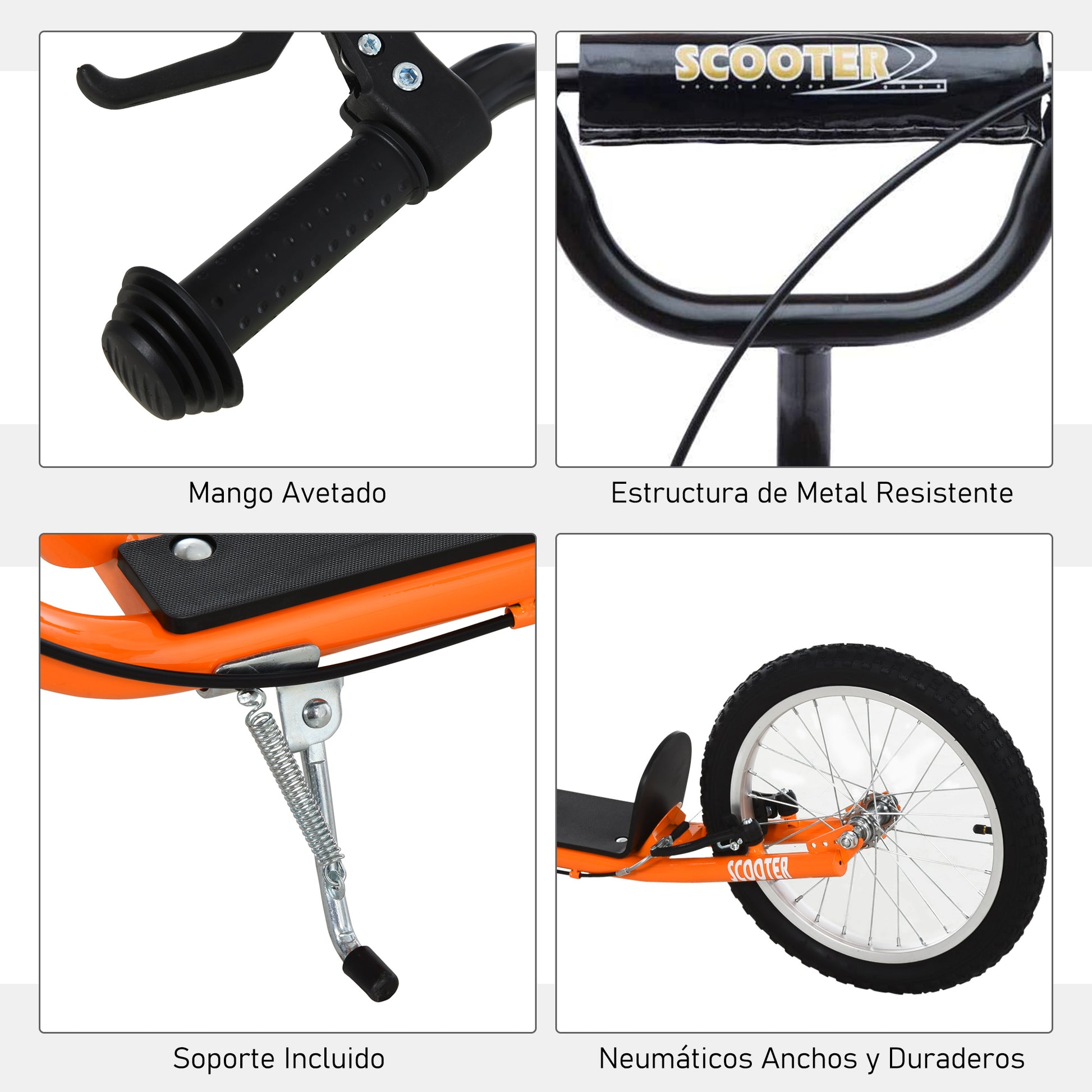 Kids Scooter for +5 Years and Adolescents with Adjustable Height Handlebar 2 Inflatable Rubber Tires with Dual Brake Wheels 16" Load 100 kg 139x58x90-96 cm Orange