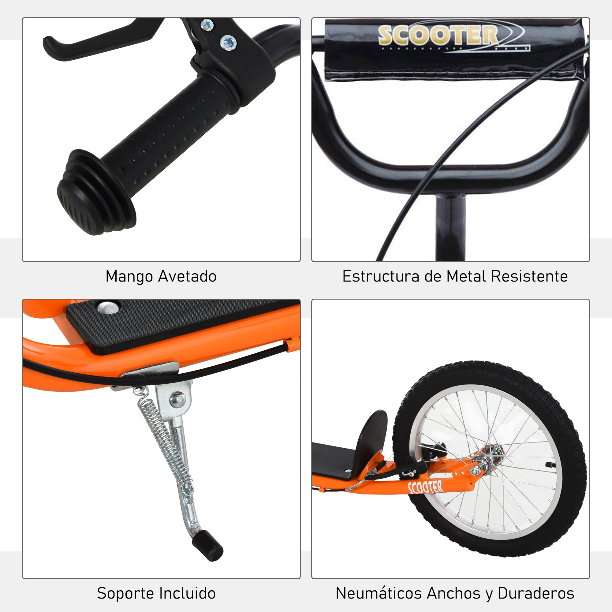 Kids Scooter for +5 Years and Adolescents with Adjustable Height Handlebar 2 Inflatable Rubber Tires with Dual Brake Wheels 16" Load 100 kg 139x58x90-96 cm Orange