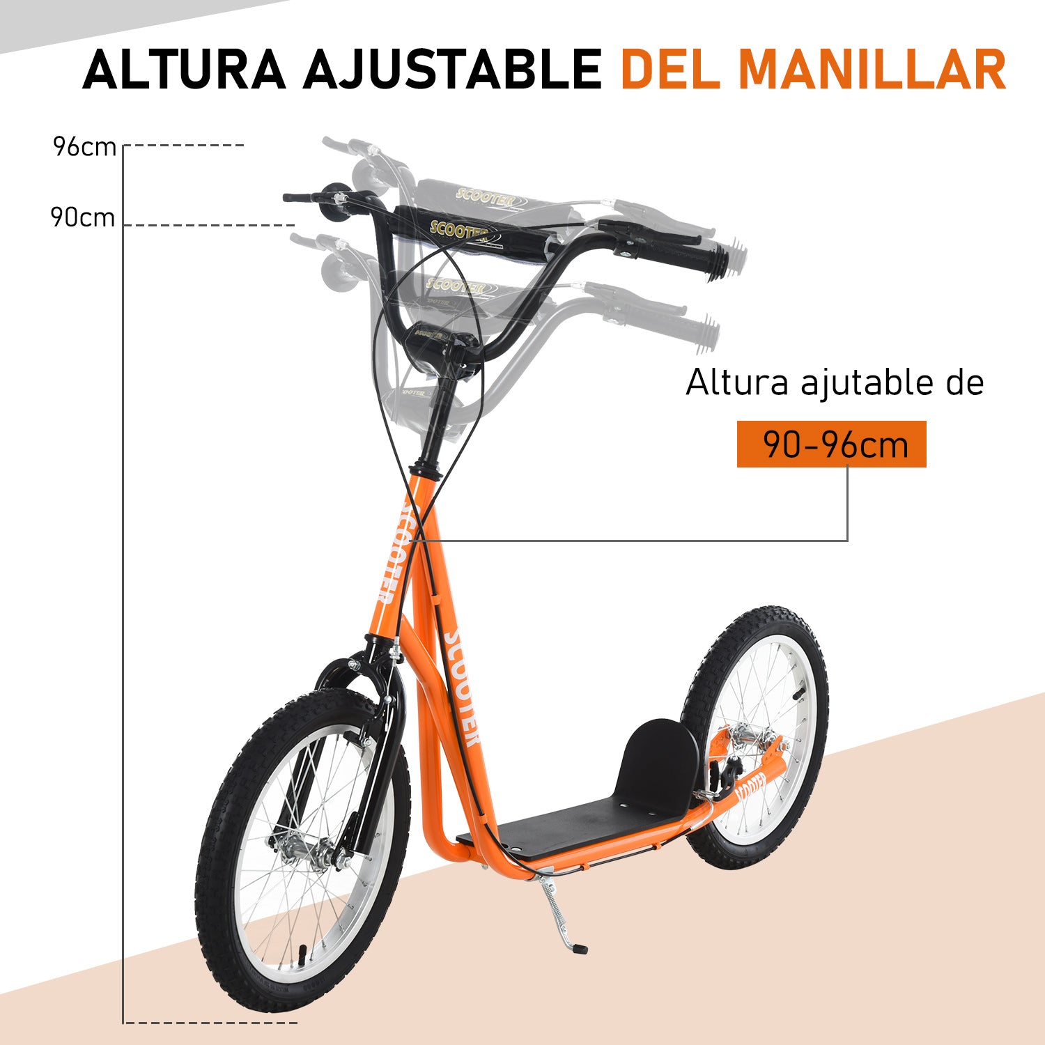 Kids Scooter for +5 Years and Adolescents with Adjustable Height Handlebar 2 Inflatable Rubber Tires with Dual Brake Wheels 16" Load 100 kg 139x58x90-96 cm Orange