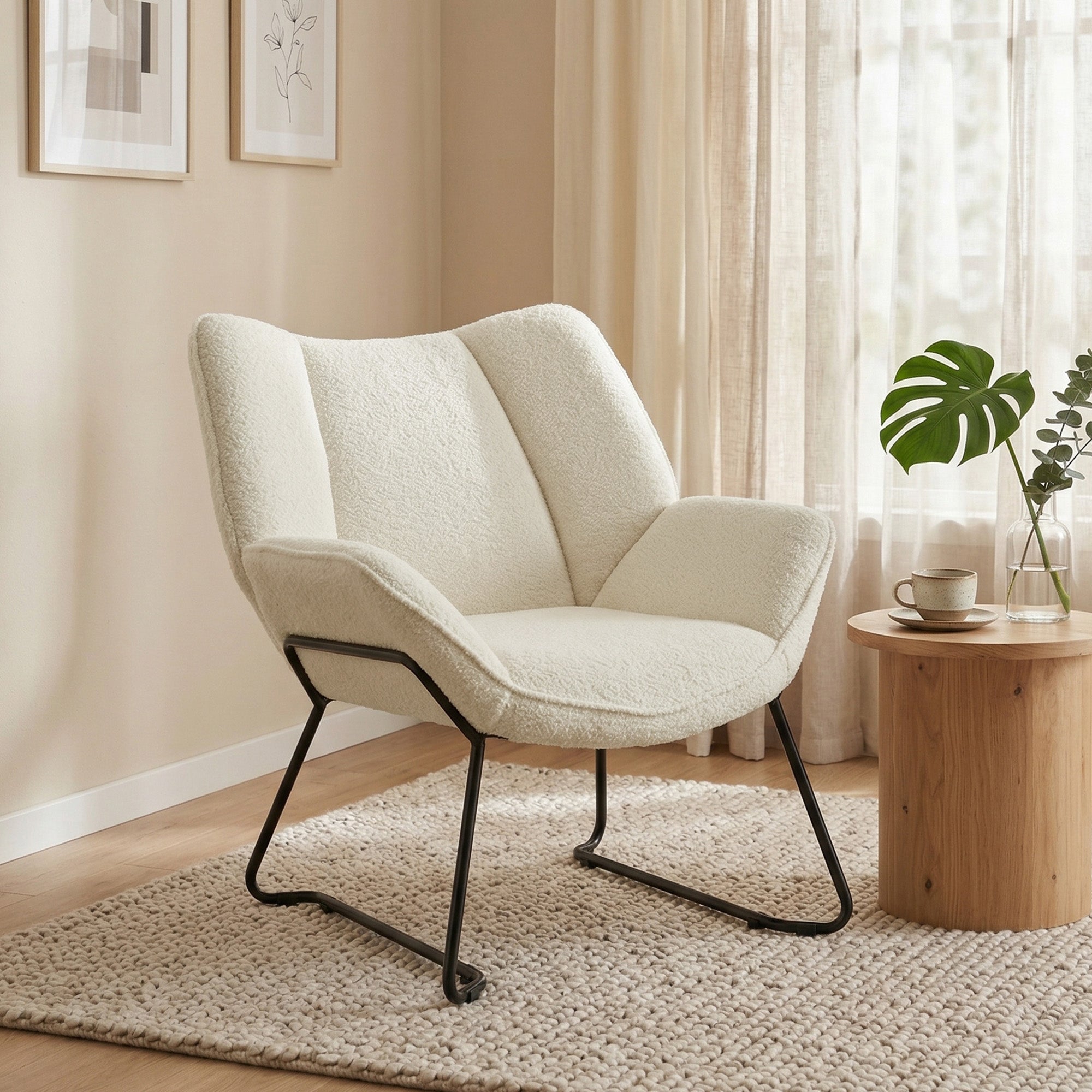 Sherpa-Fleece Lounge Chair — Modern Armchair with Armrests, Wide Back & Steel Legs, White