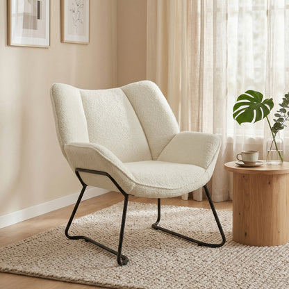 Sherpa-Fleece Lounge Chair — Modern Armchair with Armrests, Wide Back & Steel Legs, White