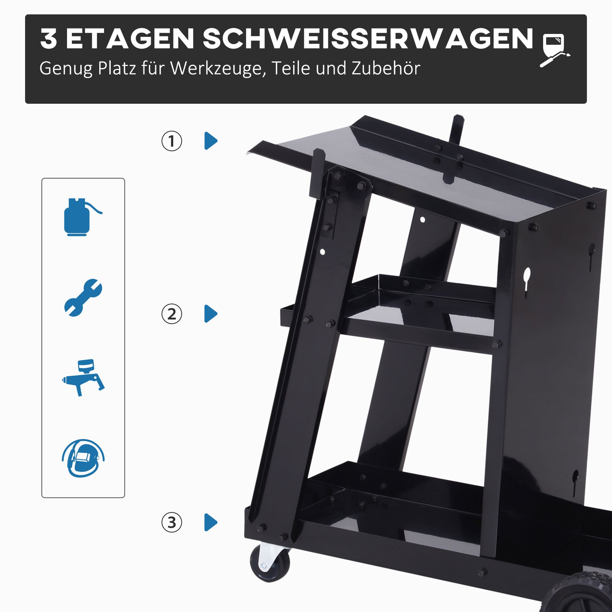 Welding Cart, Welding Mobile with 3 Shelves, Gas Bottle Holder with Safety Chain, Cart for Welding Machines for Manual Welding, Argon Arc Welding Black