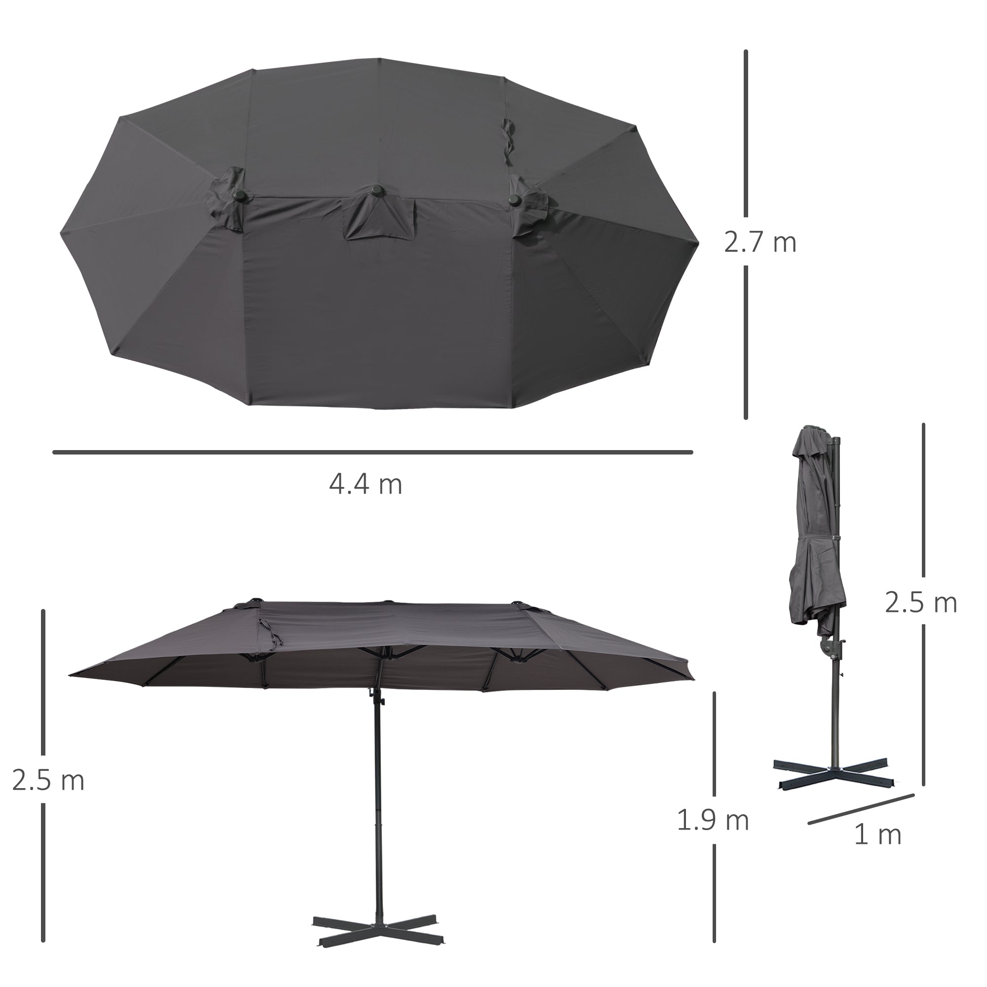 Sun Umbrella Double Sun Umbrella Oval 445x270cm Cantilever Umbrella with Crank Umbrella Stand Garden Umbrella Crank Umbrella, Market Umbrella for Garden Dark Gray