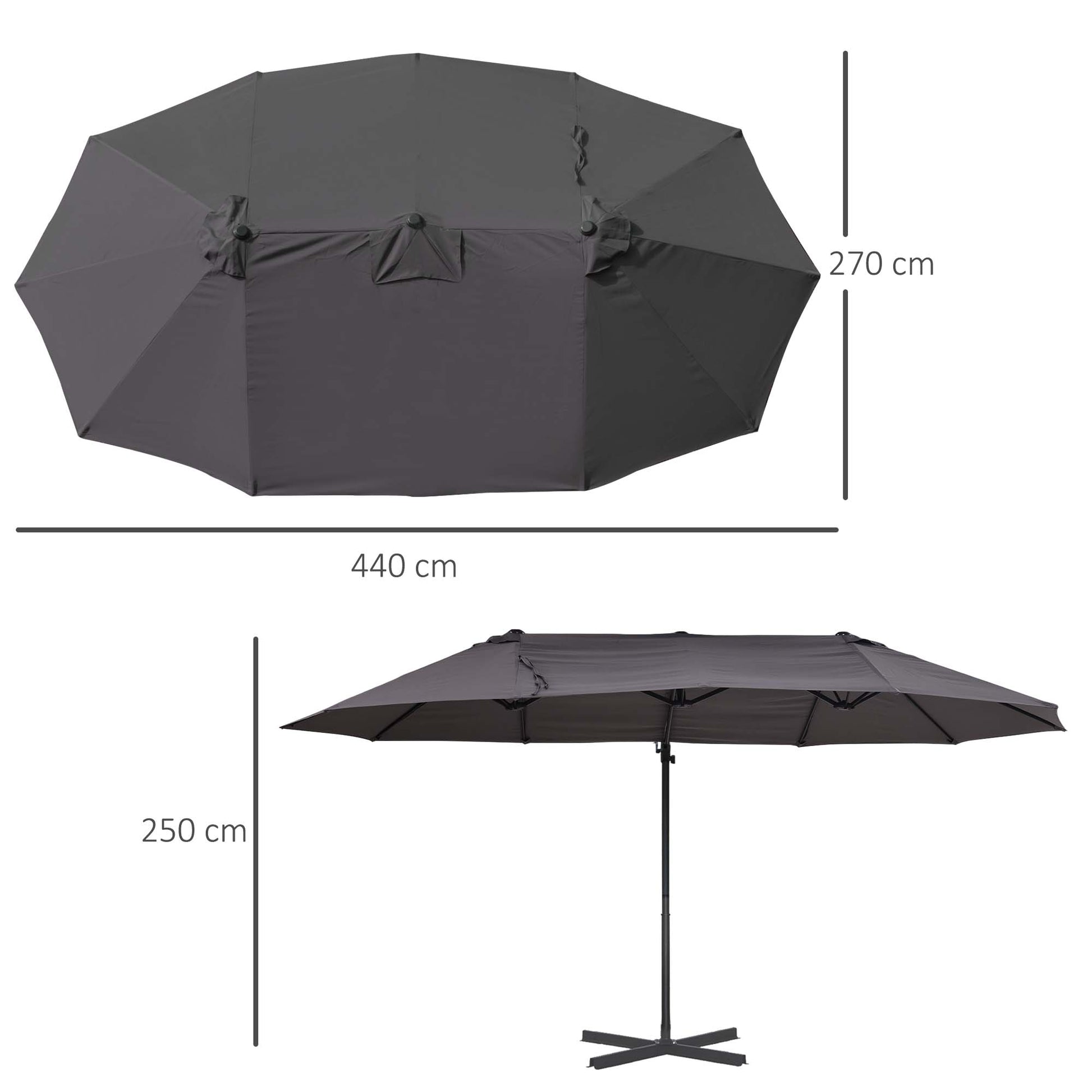 Sun Umbrella Double Sun Umbrella Oval 445x270cm Cantilever Umbrella with Crank Umbrella Stand Garden Umbrella Crank Umbrella, Market Umbrella for Garden Dark Gray