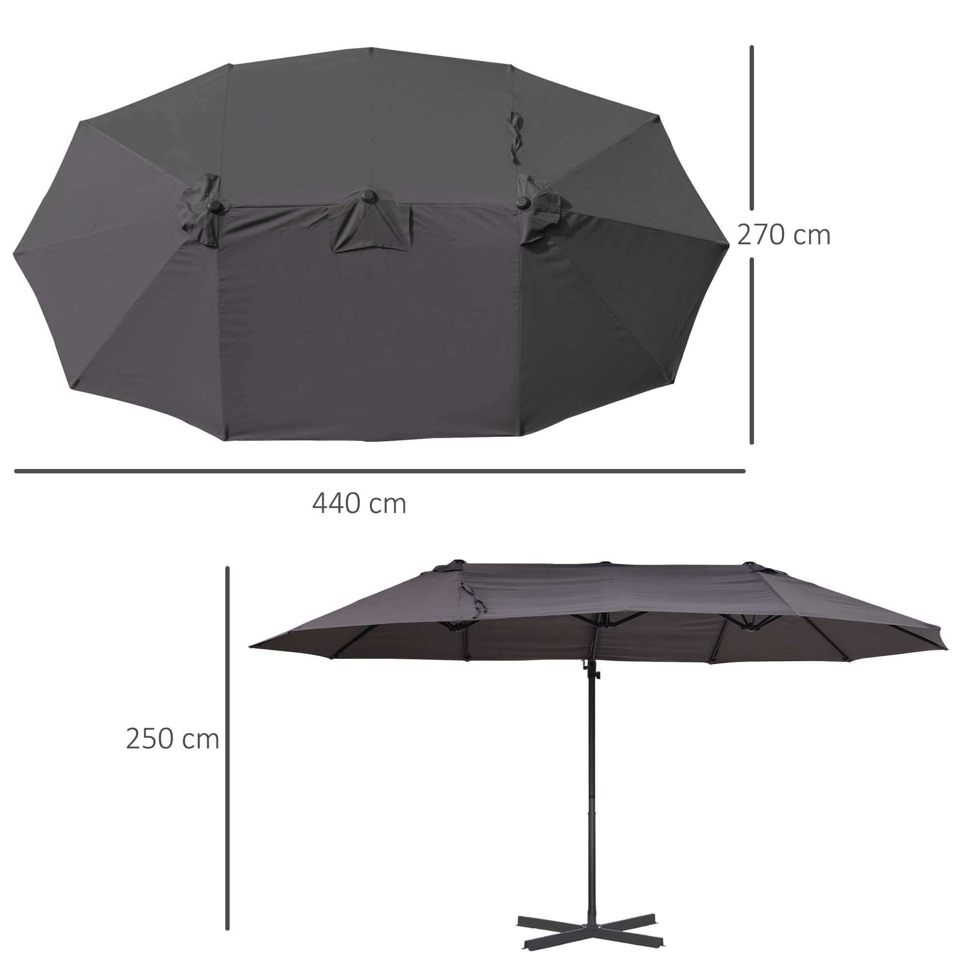 Sun Umbrella Double Sun Umbrella Oval 445x270cm Cantilever Umbrella with Crank Umbrella Stand Garden Umbrella Crank Umbrella, Market Umbrella for Garden Dark Gray