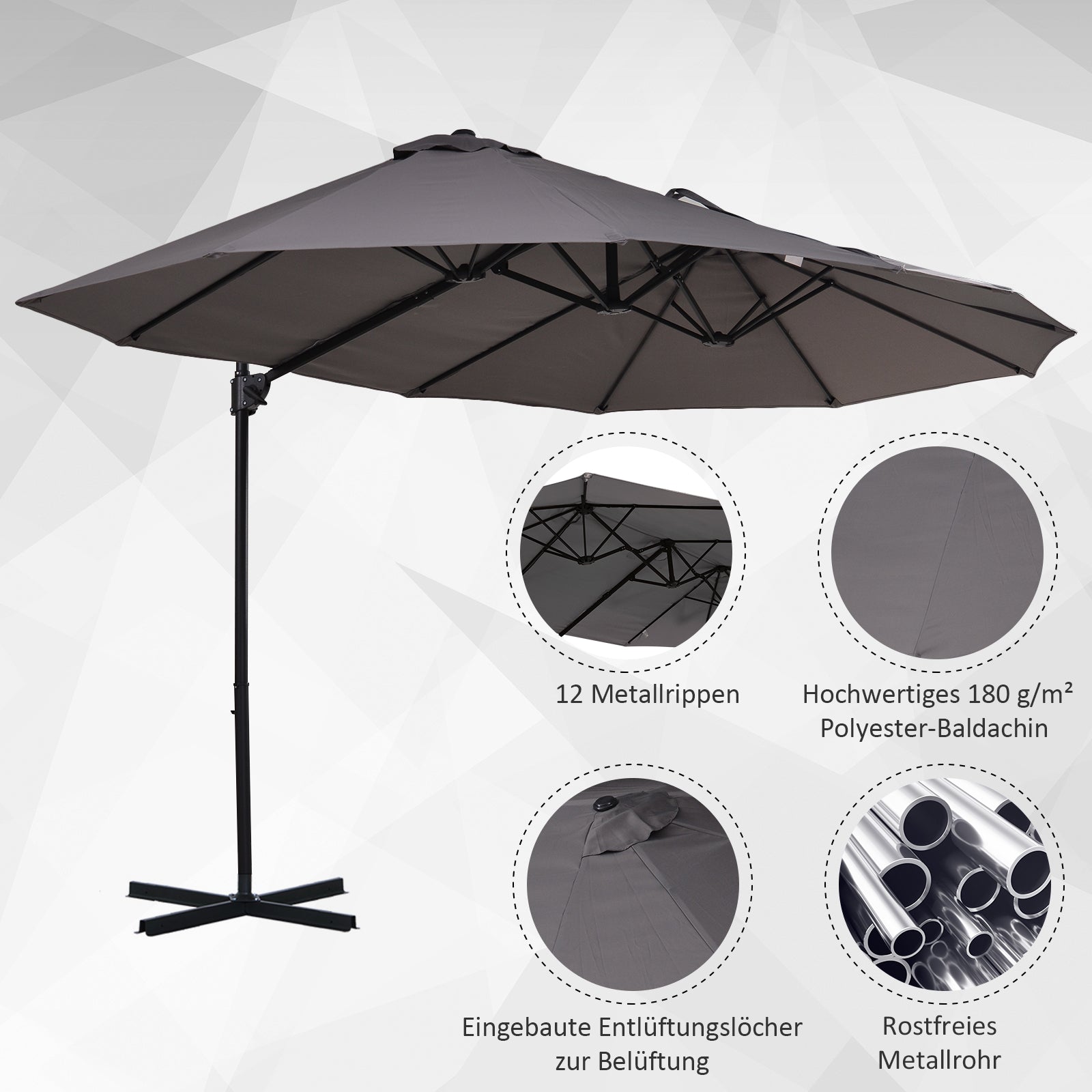 Sun Umbrella Double Sun Umbrella Oval 445x270cm Cantilever Umbrella with Crank Umbrella Stand Garden Umbrella Crank Umbrella, Market Umbrella for Garden Dark Gray