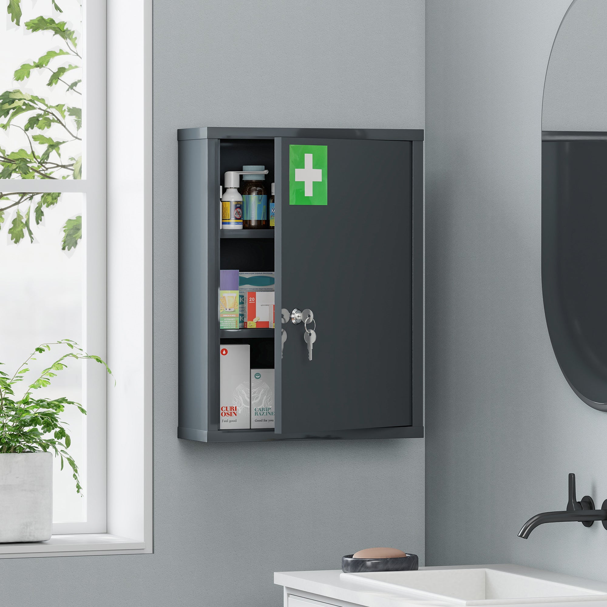 Lockable Medicine Cabinet — 3-Shelf Wall-Mount First Aid Cabinet with 2 Keys, Cold-Rolled Steel, Charcoal — 15.7 x 5.9 x 21.1 in (40 x 15 x 53.5 cm)