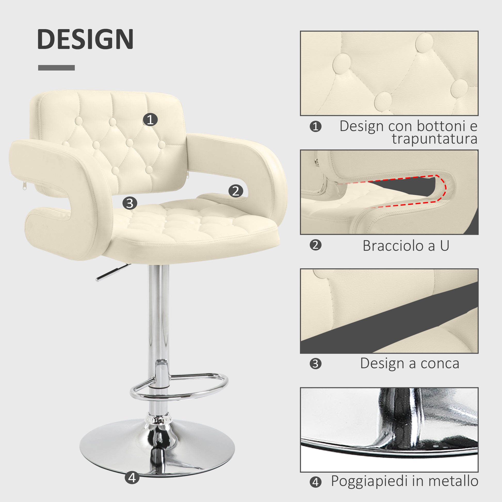 High Bar Stool with Backrest and Armrests, Modern Swivel Kitchen Stool with Adjustable Height and Footrest, in Faux Leather, 61x50x94-114cm, White
