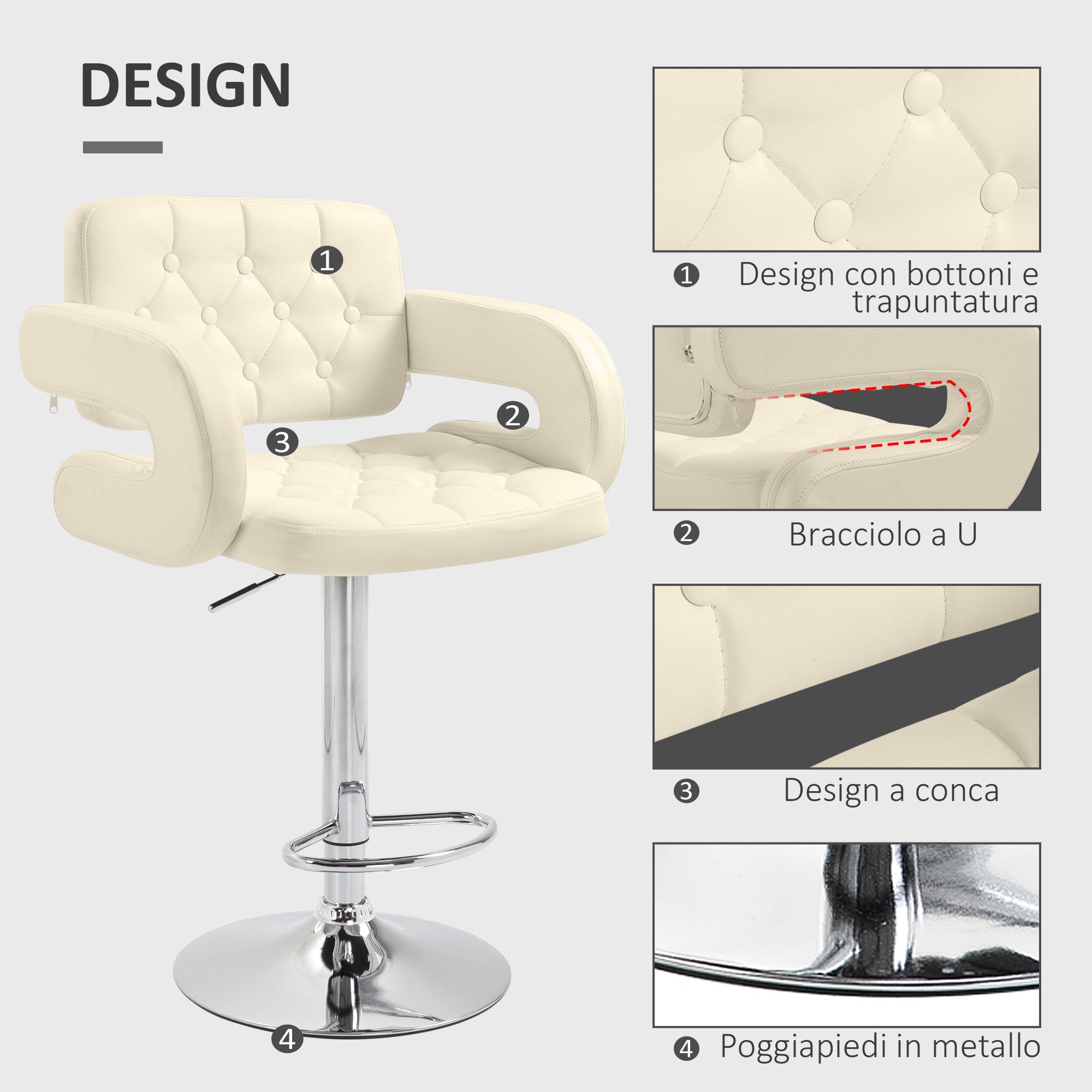 High Bar Stool with Backrest and Armrests, Modern Swivel Kitchen Stool with Adjustable Height and Footrest, in Faux Leather, 61x50x94-114cm, White