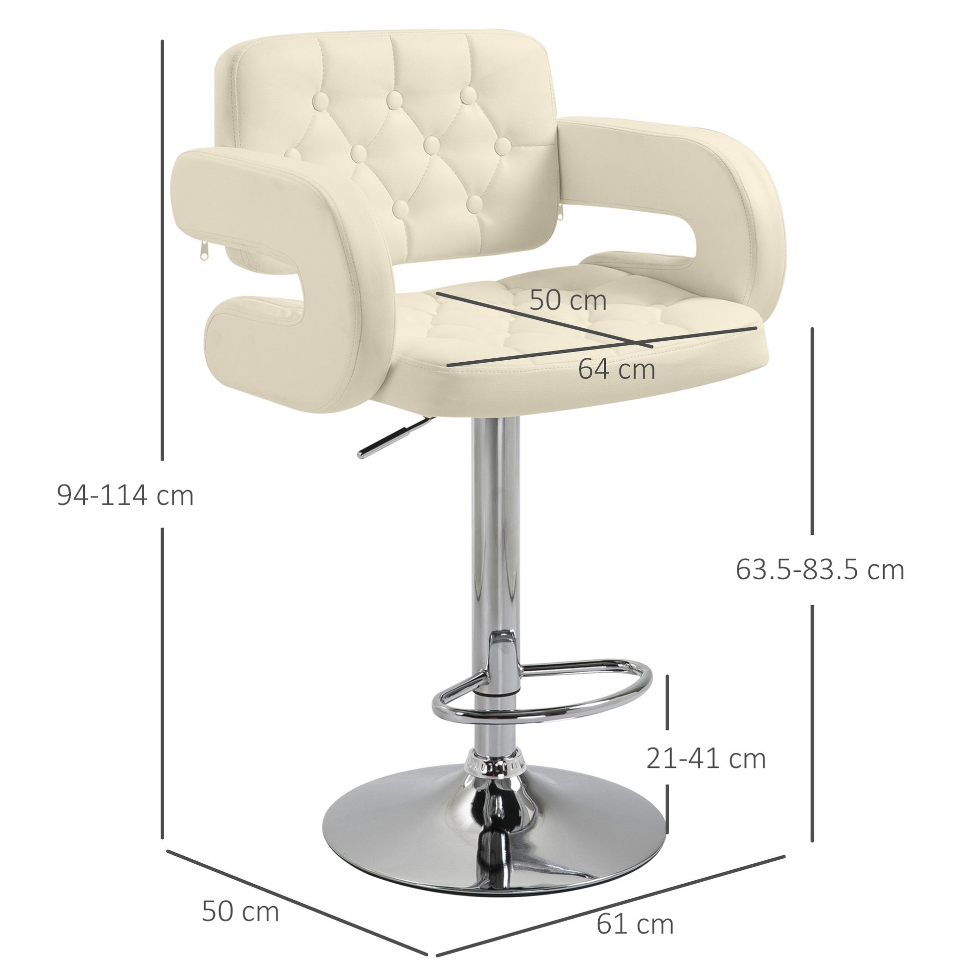 High Bar Stool with Backrest and Armrests, Modern Swivel Kitchen Stool with Adjustable Height and Footrest, in Faux Leather, 61x50x94-114cm, White