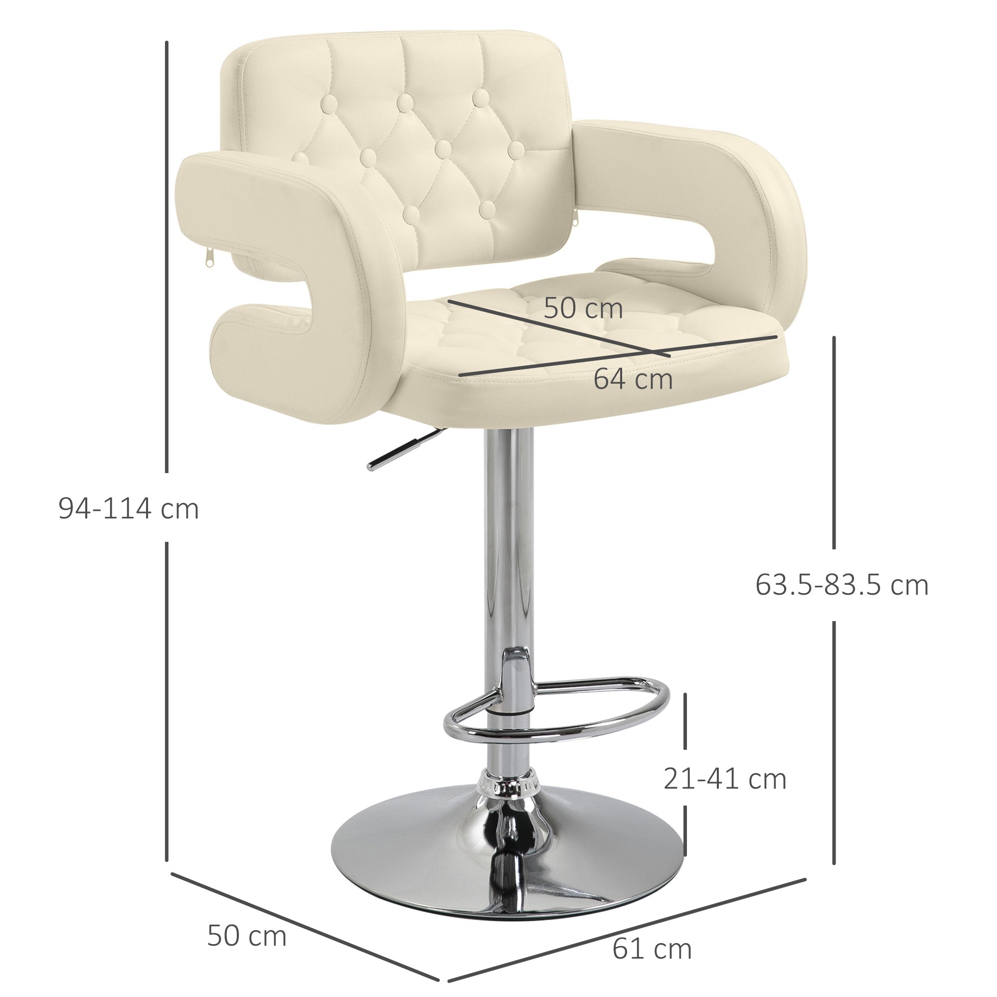 High Bar Stool with Backrest and Armrests, Modern Swivel Kitchen Stool with Adjustable Height and Footrest, in Faux Leather, 61x50x94-114cm, White