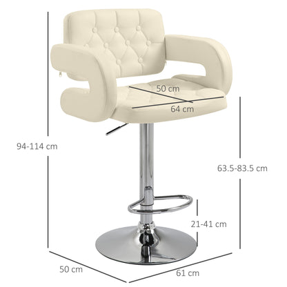 High Bar Stool with Backrest and Armrests, Modern Swivel Kitchen Stool with Adjustable Height and Footrest, in Faux Leather, 61x50x94-114cm, White