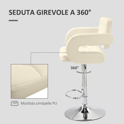 High Bar Stool with Backrest and Armrests, Modern Swivel Kitchen Stool with Adjustable Height and Footrest, in Faux Leather, 61x50x94-114cm, White