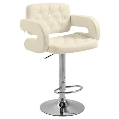 High Bar Stool with Backrest and Armrests, Modern Swivel Kitchen Stool with Adjustable Height and Footrest, in Faux Leather, 61x50x94-114cm, White