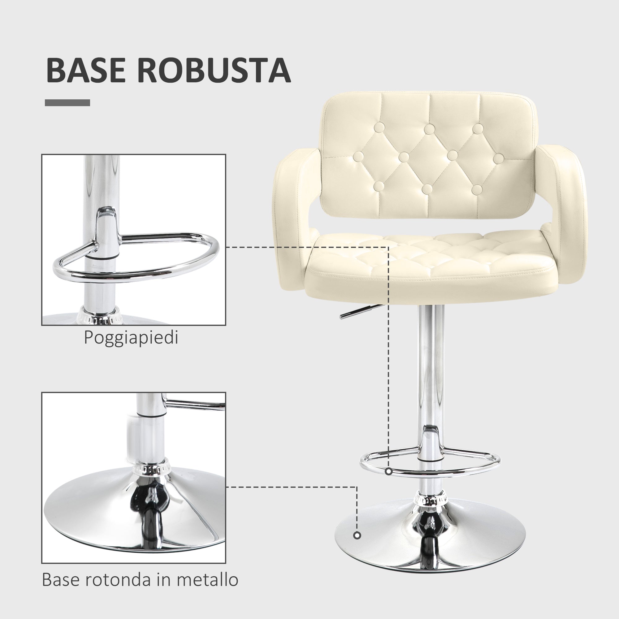High Bar Stool with Backrest and Armrests, Modern Swivel Kitchen Stool with Adjustable Height and Footrest, in Faux Leather, 61x50x94-114cm, White