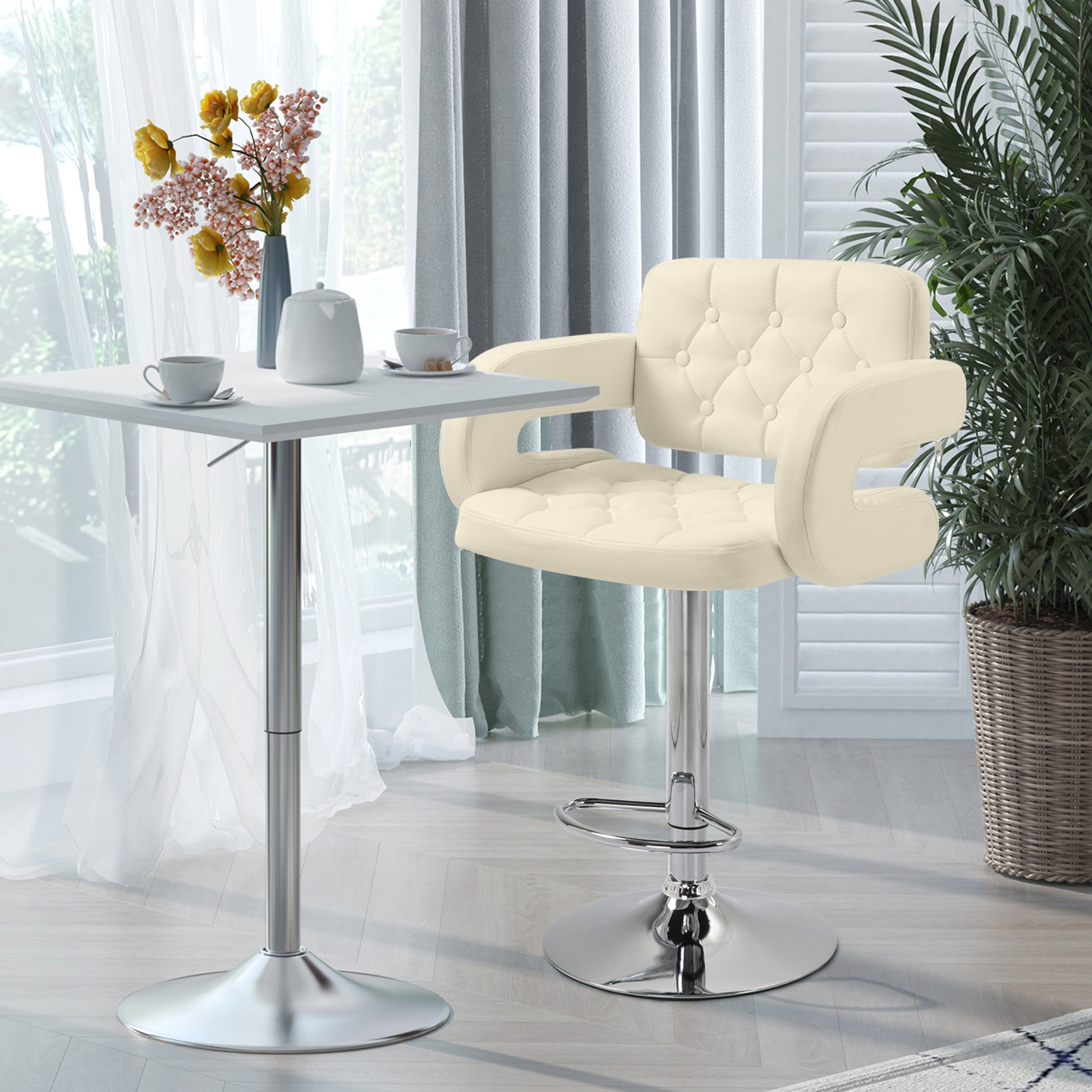 High Bar Stool with Backrest and Armrests, Modern Swivel Kitchen Stool with Adjustable Height and Footrest, in Faux Leather, 61x50x94-114cm, White