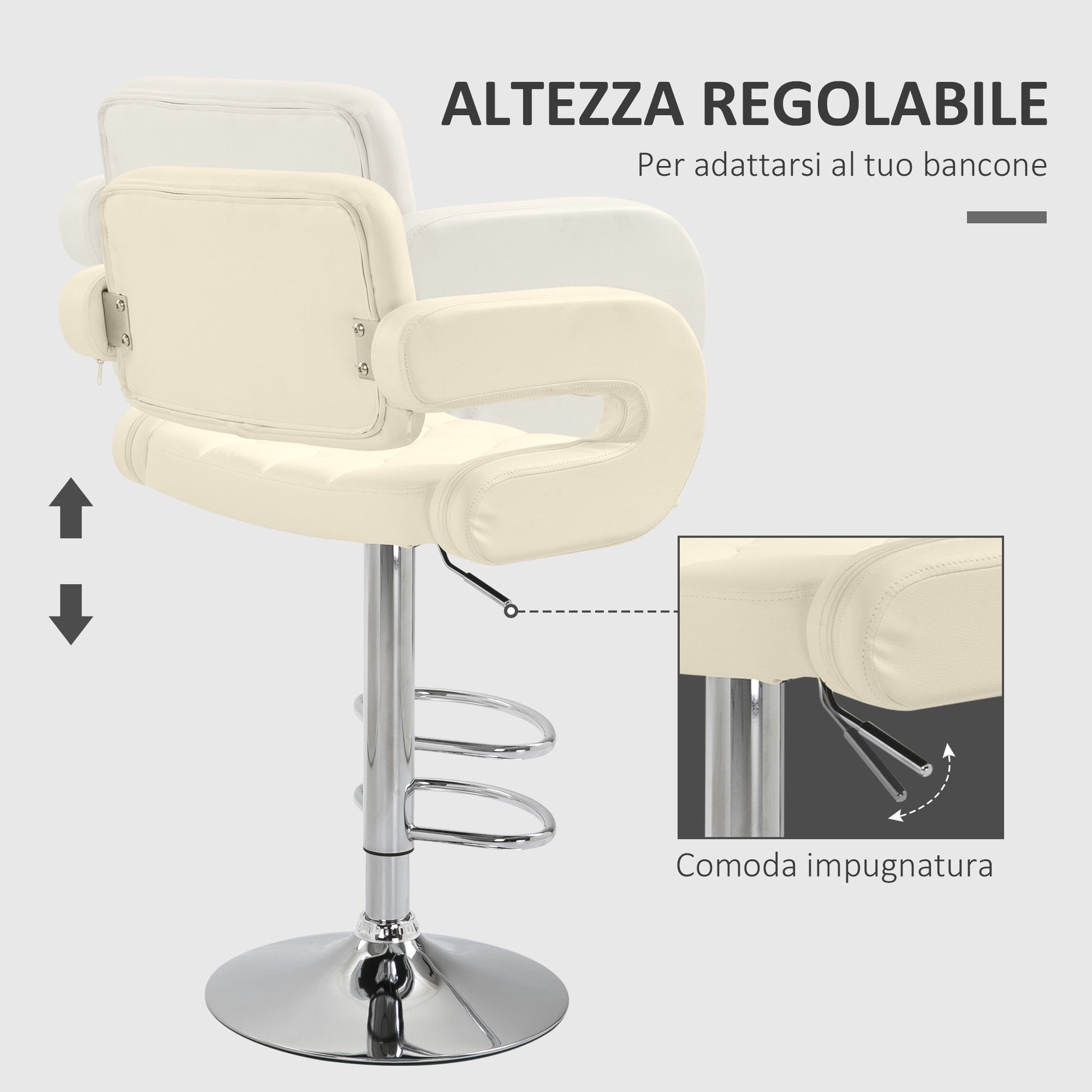 High Bar Stool with Backrest and Armrests, Modern Swivel Kitchen Stool with Adjustable Height and Footrest, in Faux Leather, 61x50x94-114cm, White