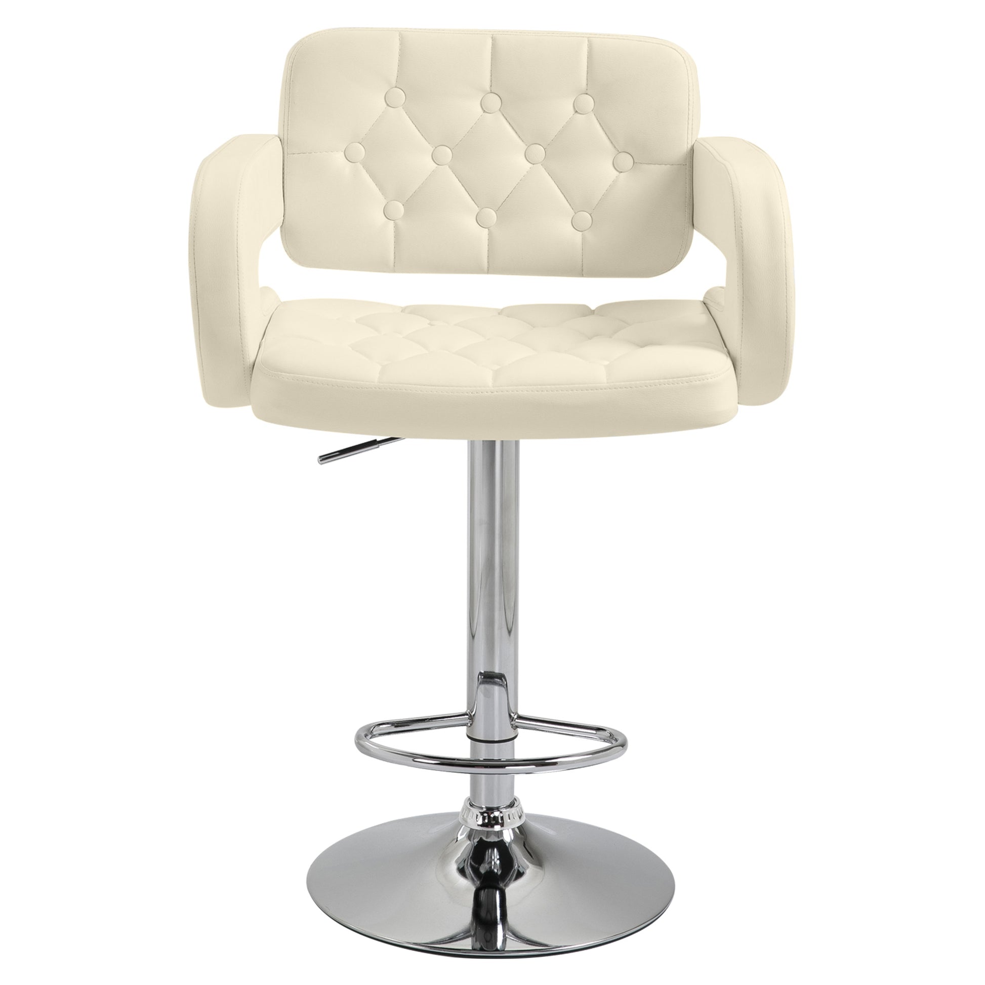 High Bar Stool with Backrest and Armrests, Modern Swivel Kitchen Stool with Adjustable Height and Footrest, in Faux Leather, 61x50x94-114cm, White