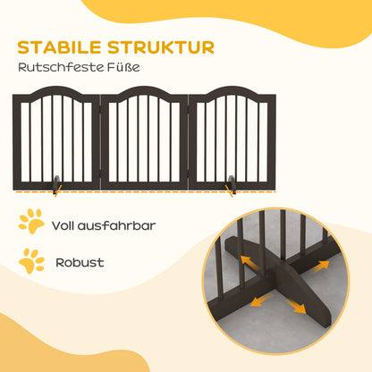 Dog Barrier Gate 3-Panel, 154.5 x 61 cm Foldable Dog Gate with Door, Door Guard Gate with 2 Support Feet, Freestanding Stair Gate for Kitchen, Hallway, Coffee