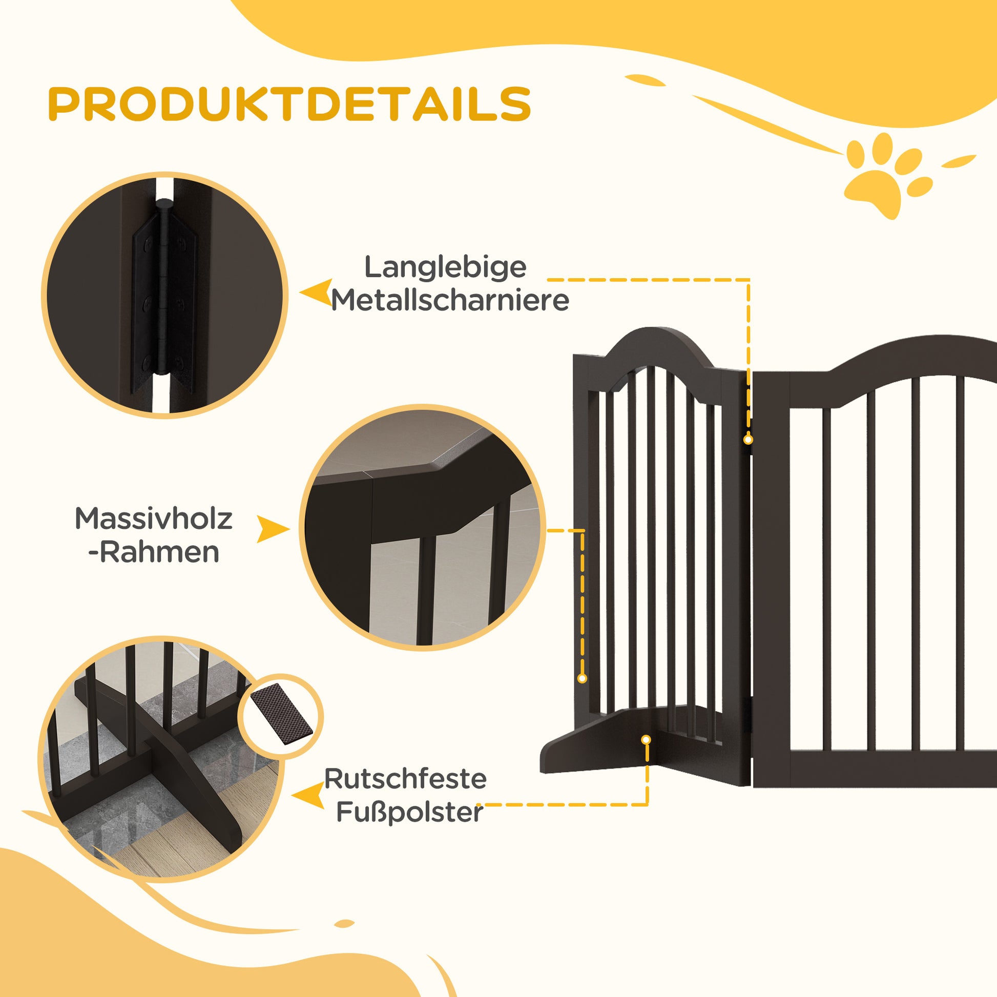 Dog Barrier Gate 3-Panel, 154.5 x 61 cm Foldable Dog Gate with Door, Door Guard Gate with 2 Support Feet, Freestanding Stair Gate for Kitchen, Hallway, Coffee