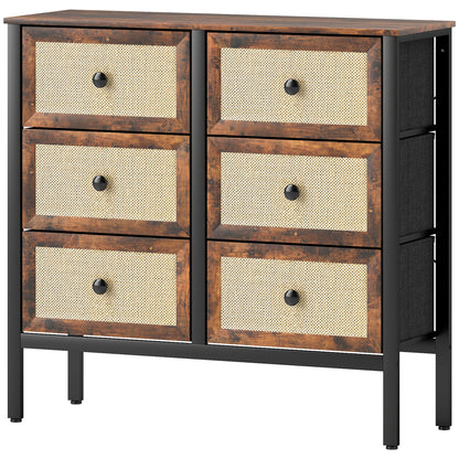 Fabric Dresser with 6 Foldable Fabric Drawers with Synthetic Rattan Fronts and Steel Frame Dresser for Bedroom Living Room Rustic Brown