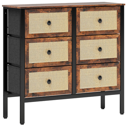 Fabric Dresser with 6 Foldable Fabric Drawers with Synthetic Rattan Fronts and Steel Frame Dresser for Bedroom Living Room Rustic Brown
