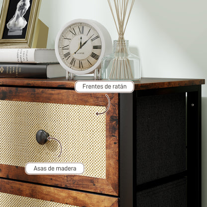 Fabric Dresser with 6 Foldable Fabric Drawers with Synthetic Rattan Fronts and Steel Frame Dresser for Bedroom Living Room Rustic Brown