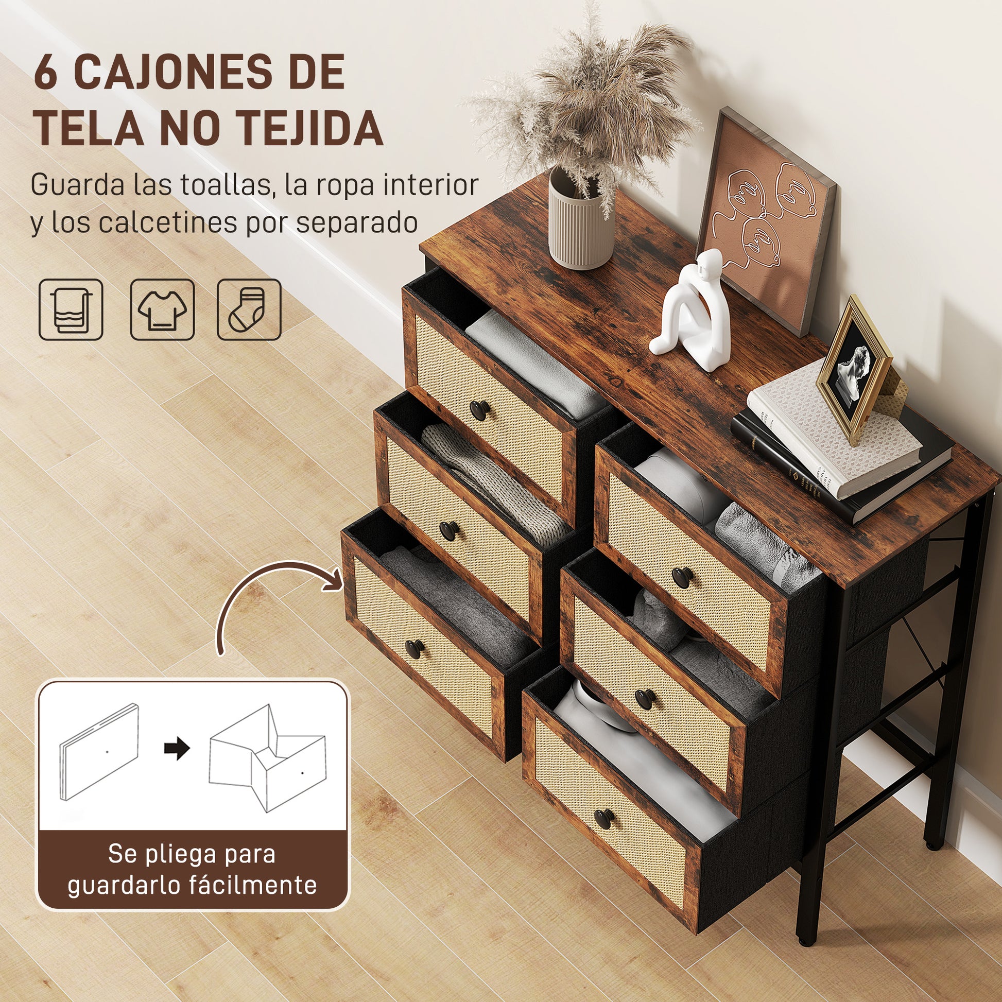 Fabric Dresser with 6 Foldable Fabric Drawers with Synthetic Rattan Fronts and Steel Frame Dresser for Bedroom Living Room Rustic Brown