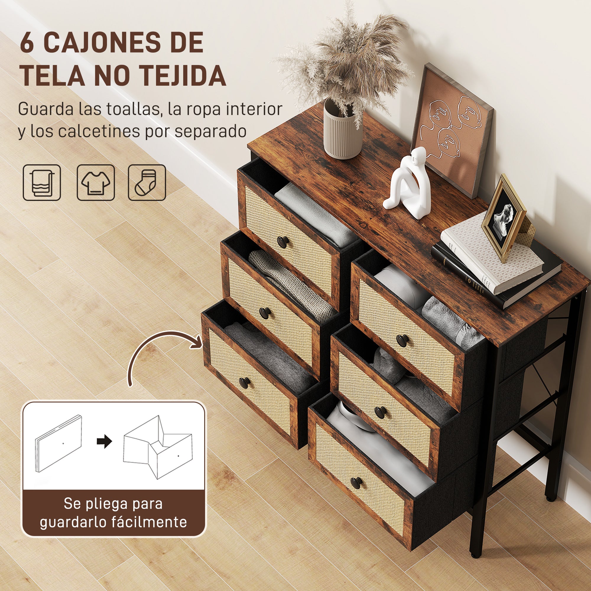 Fabric Dresser with 6 Foldable Fabric Drawers with Synthetic Rattan Fronts and Steel Frame Dresser for Bedroom Living Room Rustic Brown