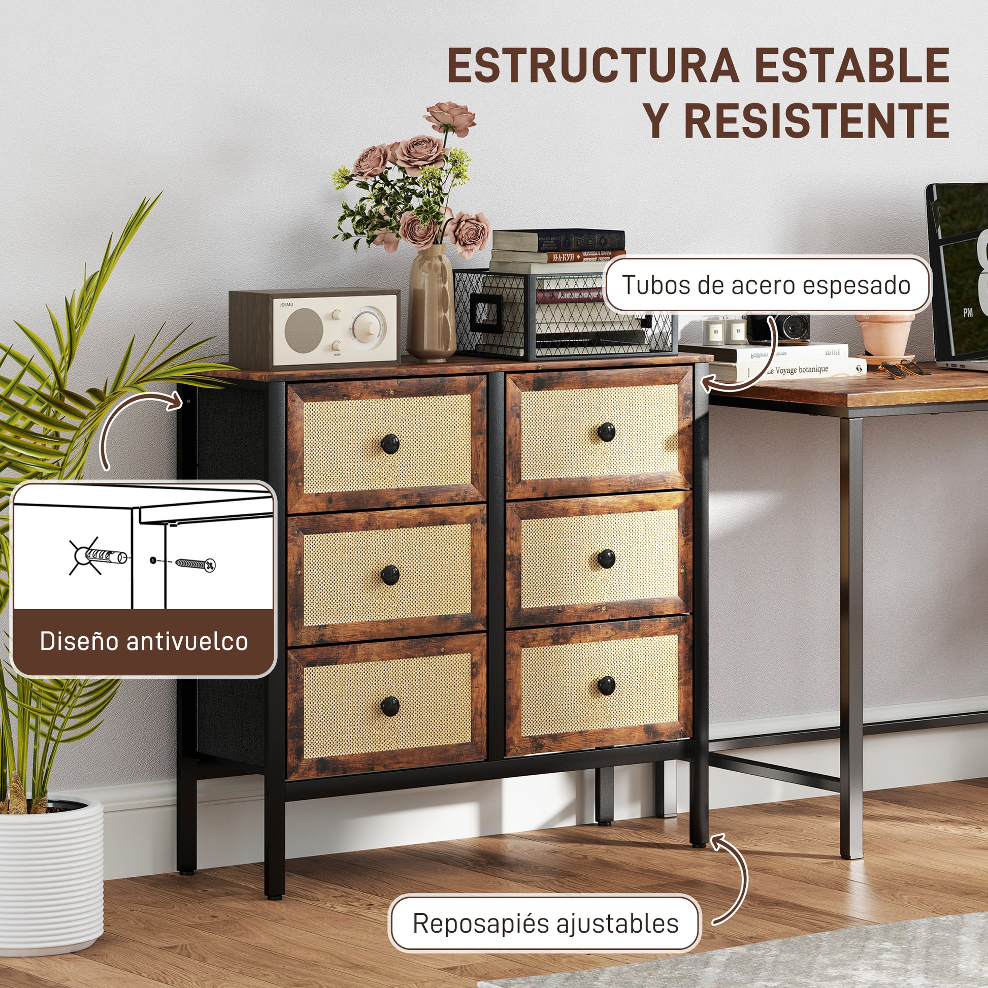 Fabric Dresser with 6 Foldable Fabric Drawers with Synthetic Rattan Fronts and Steel Frame Dresser for Bedroom Living Room Rustic Brown