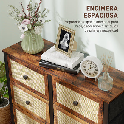 Fabric Dresser with 6 Foldable Fabric Drawers with Synthetic Rattan Fronts and Steel Frame Dresser for Bedroom Living Room Rustic Brown