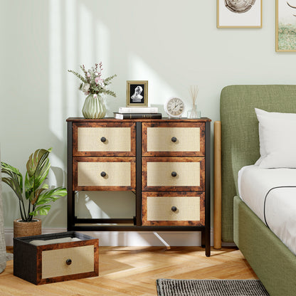 Fabric Dresser with 6 Foldable Fabric Drawers with Synthetic Rattan Fronts and Steel Frame Dresser for Bedroom Living Room Rustic Brown