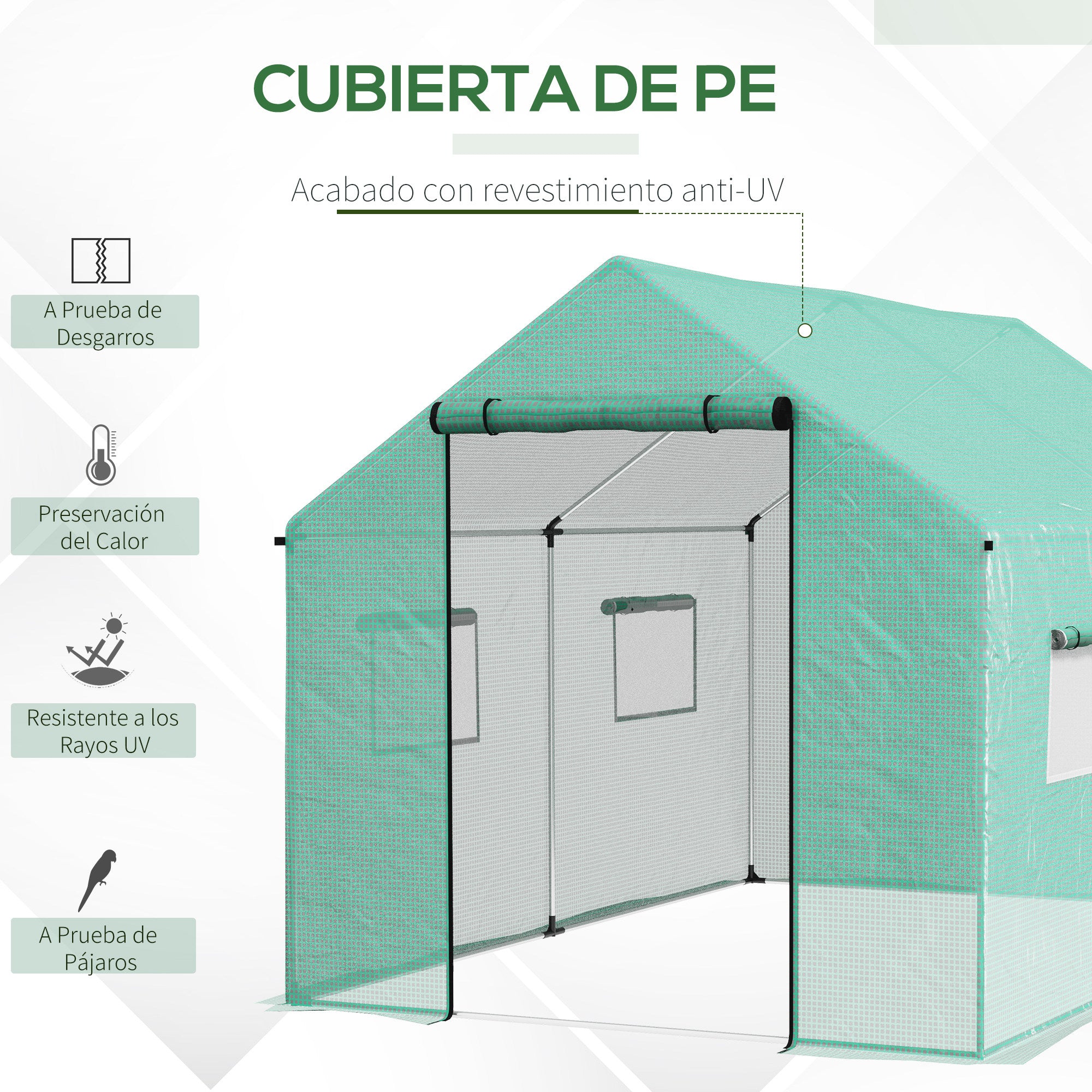 Outdoor Greenhouse 2x3x2 m Tunnel Greenhouse with 4 Mesh Windows and Zipper Door Anti-UV Garden Greenhouse for Patio Garden Terrace Green