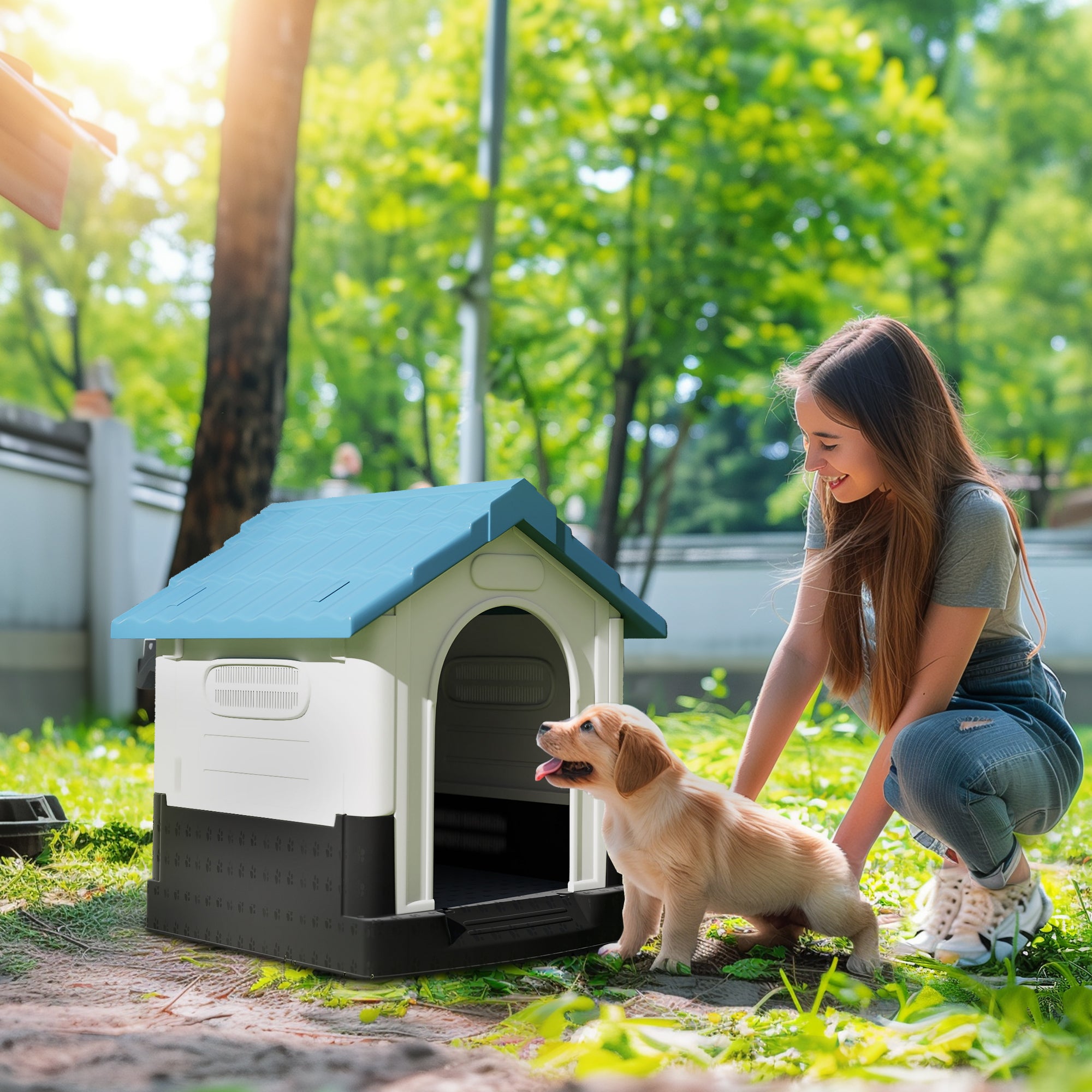 Outdoor Dog Kennel for Small and Medium-sized Dogs - 64.5 x 57 x 66 cm - white and blue