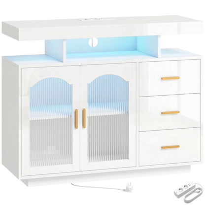 High-Gloss Sideboard with 7-Color RGB LED, Built-In AC Outlets & USB, 3 Drawers, Open Shelves, 2 Acrylic Doors, Soft-Close Hinges — Fits up to 72" TV, White (39.4" x 13.8" x 31.5")