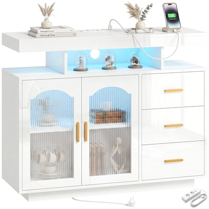 High-Gloss Sideboard with 7-Color RGB LED, Built-In AC Outlets & USB, 3 Drawers, Open Shelves, 2 Acrylic Doors, Soft-Close Hinges — Fits up to 72" TV, White (39.4" x 13.8" x 31.5")