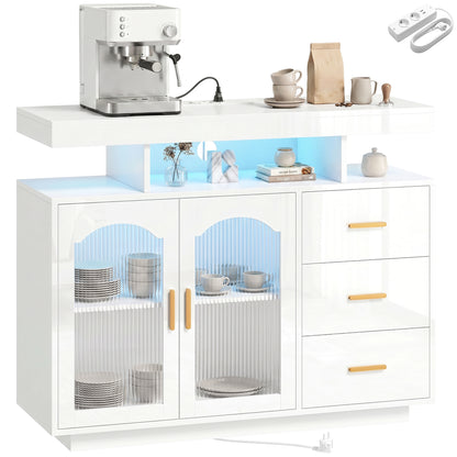 High-Gloss Sideboard with 7-Color RGB LED, Built-In AC Outlets & USB, 3 Drawers, Open Shelves, 2 Acrylic Doors, Soft-Close Hinges — Fits up to 72" TV, White (39.4" x 13.8" x 31.5")