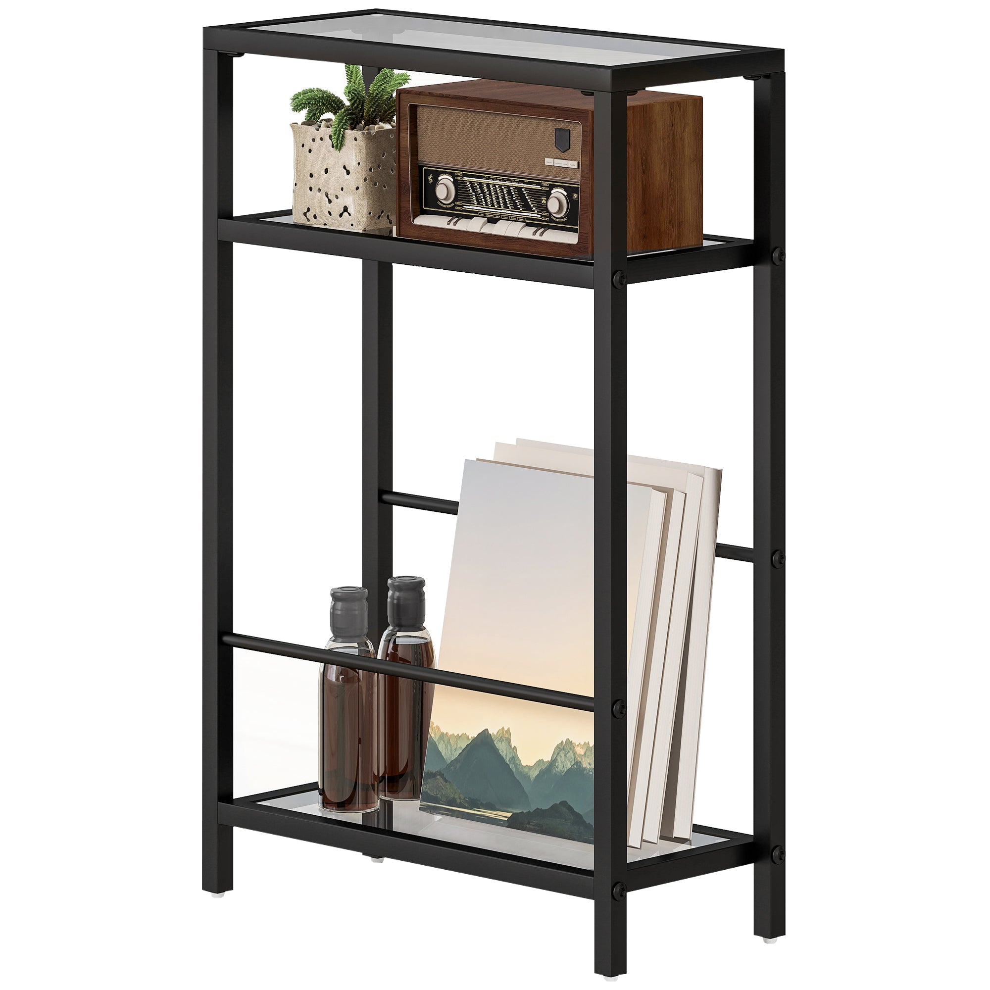 Side Table Small Coffee Table with 3 Levels, Tempered Glass Tabletop, Modern Nightstand Sofa Table with Steel Frame for Living Room, Bedroom, Black