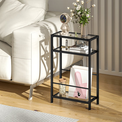 Side Table Small Coffee Table with 3 Levels, Tempered Glass Tabletop, Modern Nightstand Sofa Table with Steel Frame for Living Room, Bedroom, Black